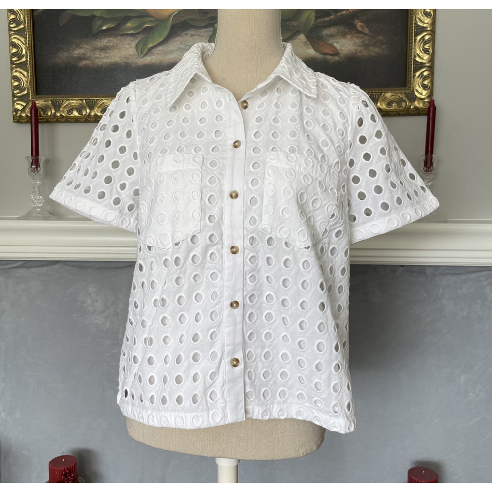 CeCe White Eyelet Button Front Blouse Top Medium
